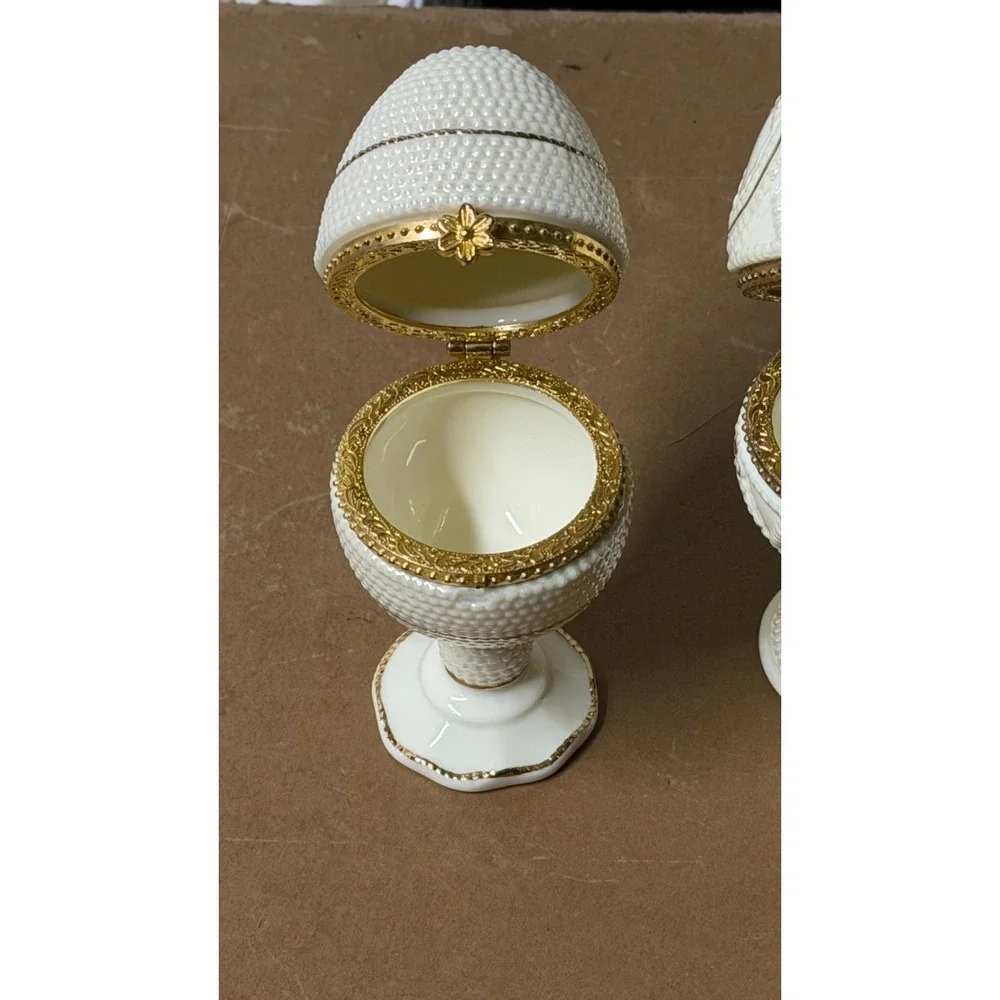 Ivory Elegance Fabergé-Style Hinged Egg Trinket Boxes Set of 2 Gold Trim